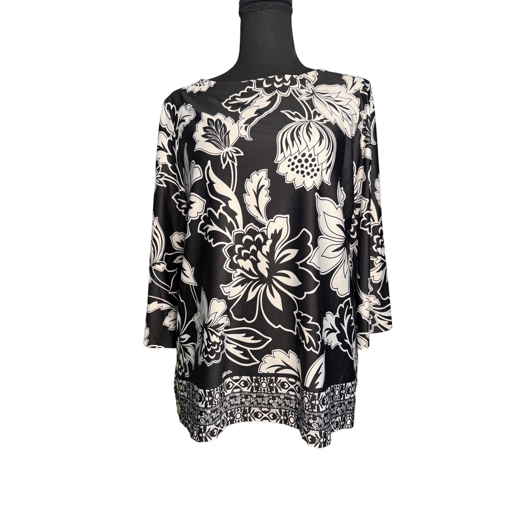 Ruby Rd Petite M Black White Floral Print 3/4 Sleeve Tunic Top Decorative Button